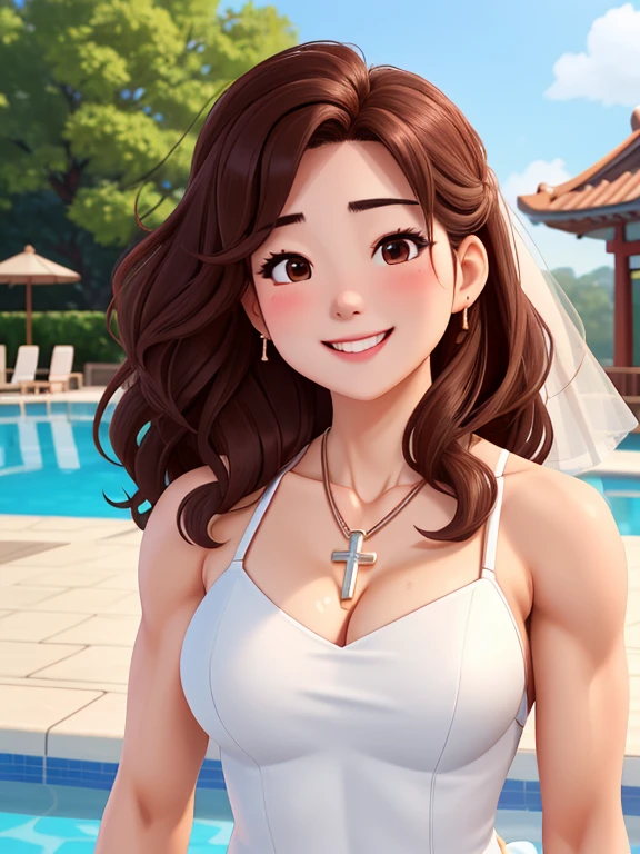 attractive korean woman, ripped muscle, muscular body, small breast, pale skin, smile(blush), bride dress, cross necklace, sixpack abs, [ultra detailed skin:1.2], brown hair, wavy hair, 8k uhd, full body, crowd, public, poolside, standing, cum on face,