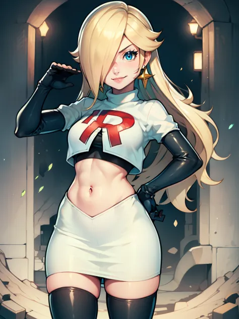 rosalina, glossy lips ,team rocket uniform, red letter r, white skirt,white crop top,black thigh-high boots, black elbow gloves,...