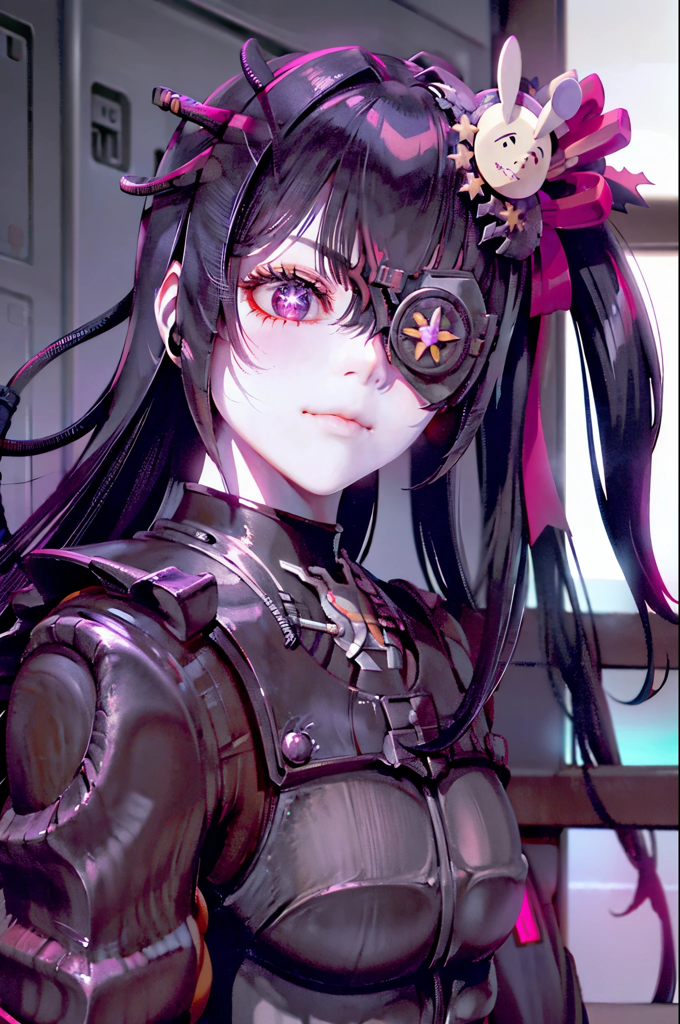 borg
cyborg
bald
gray skin
veins
metal armor
cable
eyepatch Hoshino Ai, long hair, purple hair, streaked hair ,purple eyes, star-shaped pupils, hair ornament,