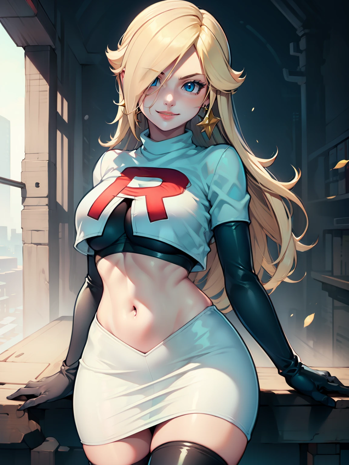 rosalina, glossy lips ,team rocket uniform, red letter R, white skirt,white crop top,black thigh-high boots, black elbow gloves, evil smile, looking at viewer, cowboy shot