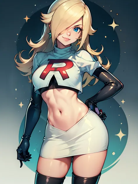 rosalina, glossy lips ,team rocket uniform, red letter R, white skirt,white crop top,black thigh-high boots, black elbow gloves, evil smile, looking at viewer, cowboy shot