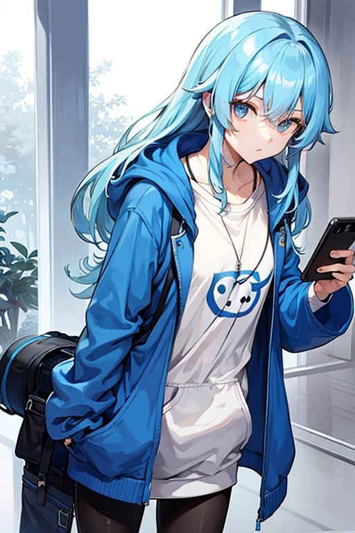 Hair color is light blue、Long、medium chest、baggy blue hoodie、head phone、aquariums、
Holding a smartphone in a sexy bra