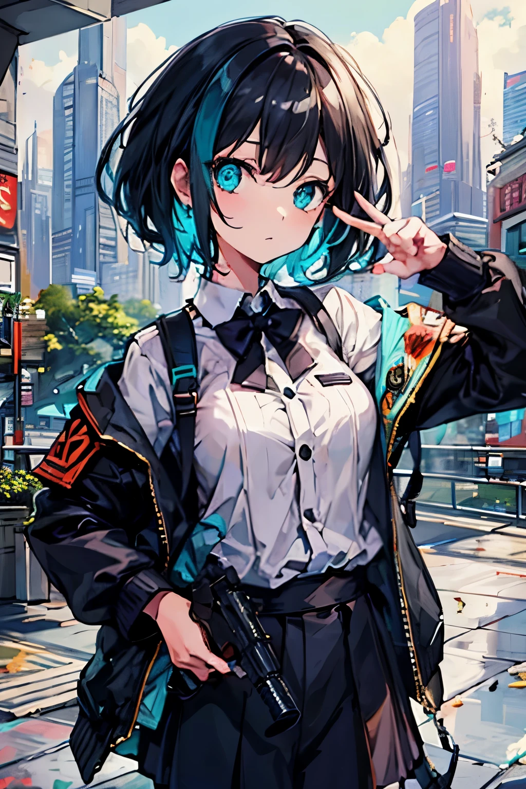 (masutepiece:1.2, Best Quality, Top Quality, Lens Flare, Depth of Field,), (Close Up: 1.3), (Wide Shot, Fisheye: 0.85), Face Focus, [1 girl in, expressioness, (Turquoise eyes:1.3),jet-black hair, Half shorthair,White jacket,Take off your jacket, Blouse with Open Chest, breast, ] , (Holding a Weapon, Holding a pistol:1.2), firing, city, street, skyscraper,