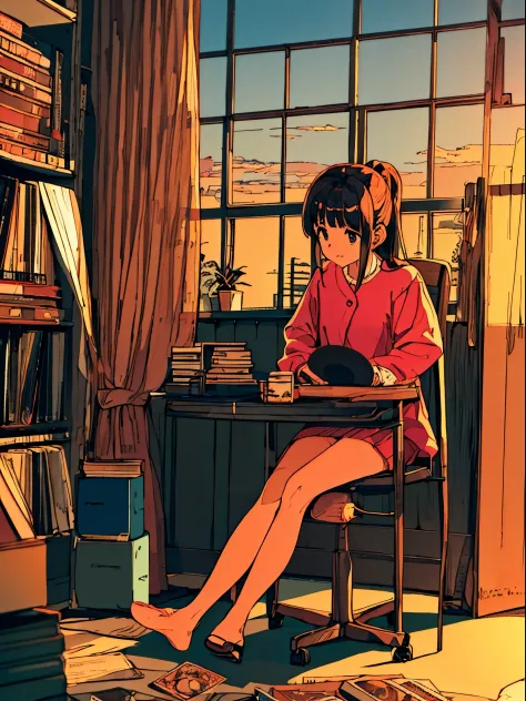 woman sitting on a chair in the center、Cassette tapes、record、vintage atmosphere、Have a book、Sunset、
