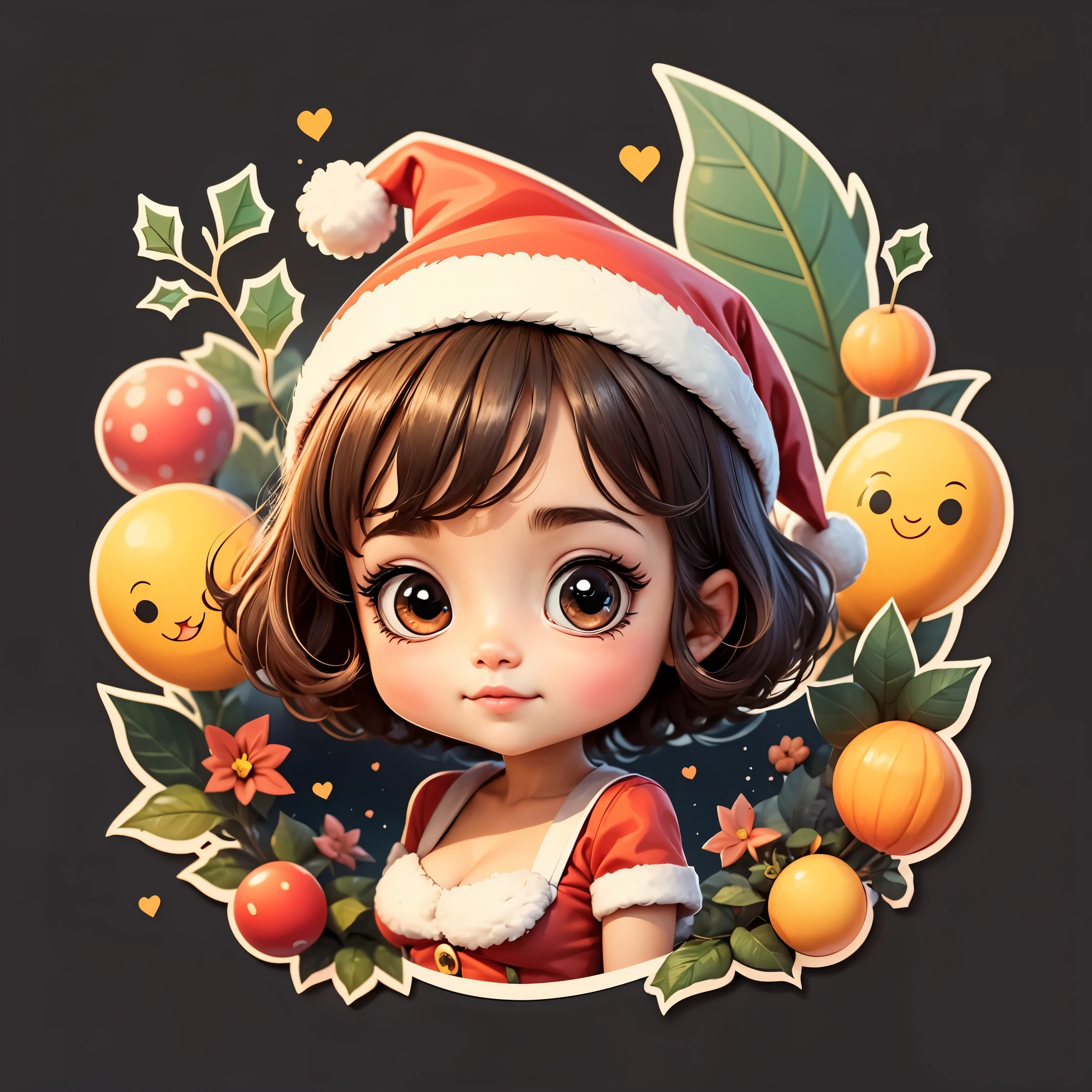 （（（One sticker）））。High quality design vector style image,Happy little girl wearing santa hat，Big eyes and short hair，cute big breasts，Clean black background, Professional vector, high detal,