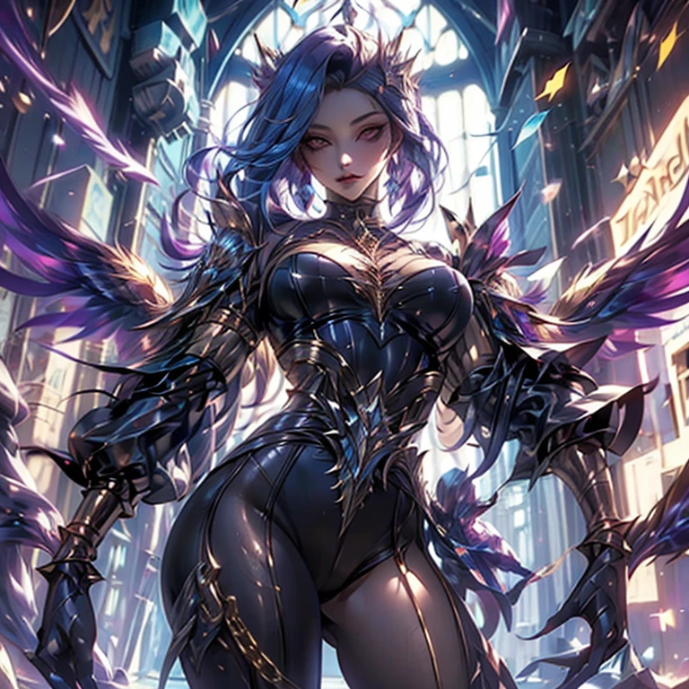 (masterpiece, best quality),1girl with long purple-black hair standing on the edge of a sky scraper, swedish face with sharp features, warm lighting,  glowing purple eyes, (golden-tan skin: high priority),detailed-beautiful eyes,gothic fantasy armour