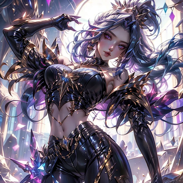 (masterpiece, best quality),1girl with long purple-black hair standing on the edge of a sky scraper, swedish face with sharp features, warm lighting,  glowing purple eyes, (golden-tan skin: high priority),detailed-beautiful eyes,gothic fantasy armour