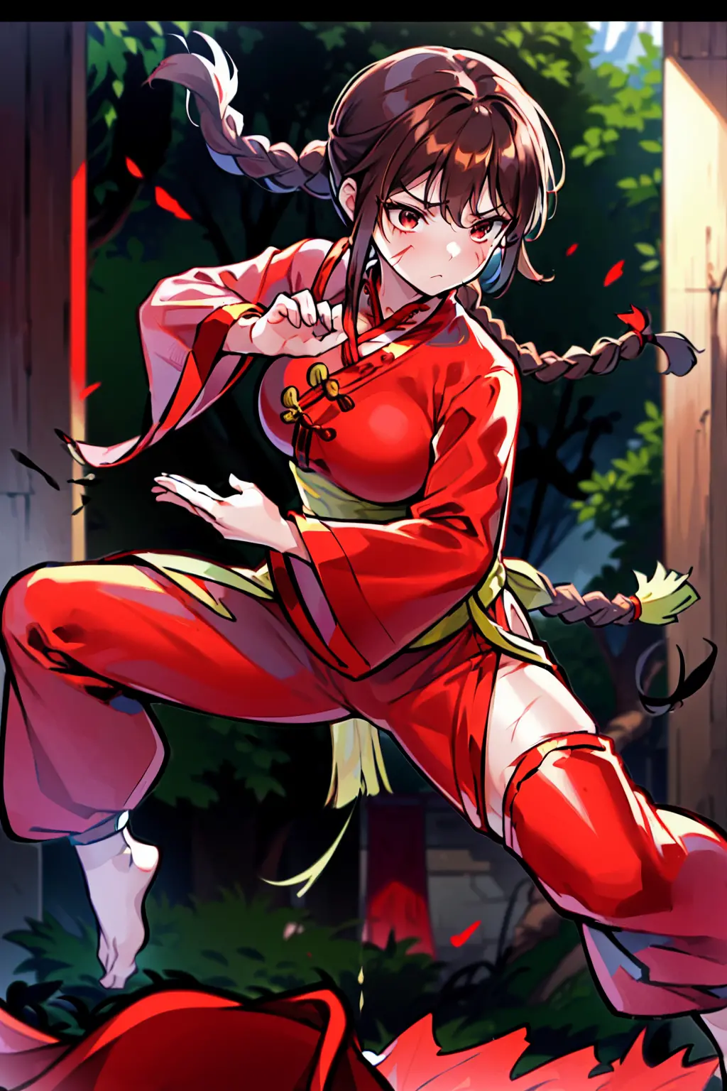 lei kugo live a live, qipao, chinese clothes, traditional clothes, action pose, full body, brown hair, braided hair, scars on fa...