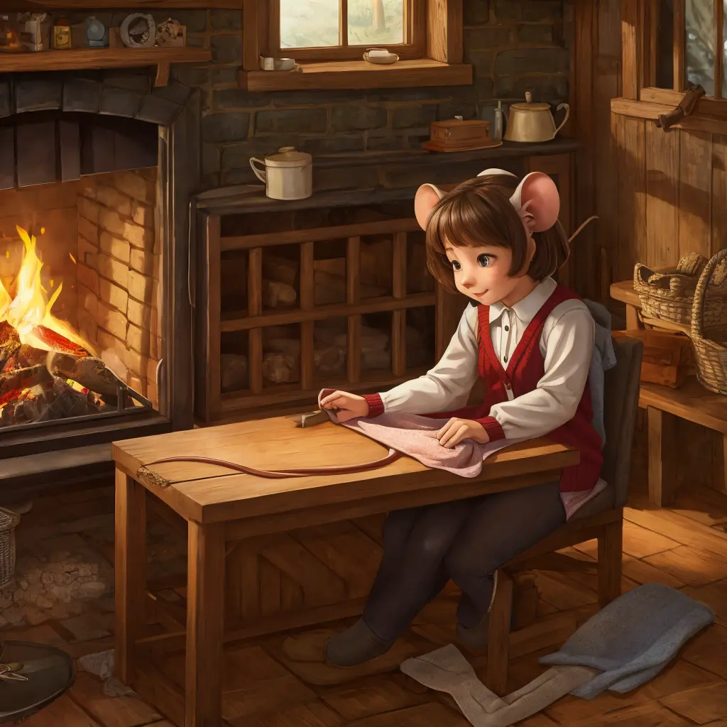 Mouse girl sewing a cardigan in a cottage by a coal fire