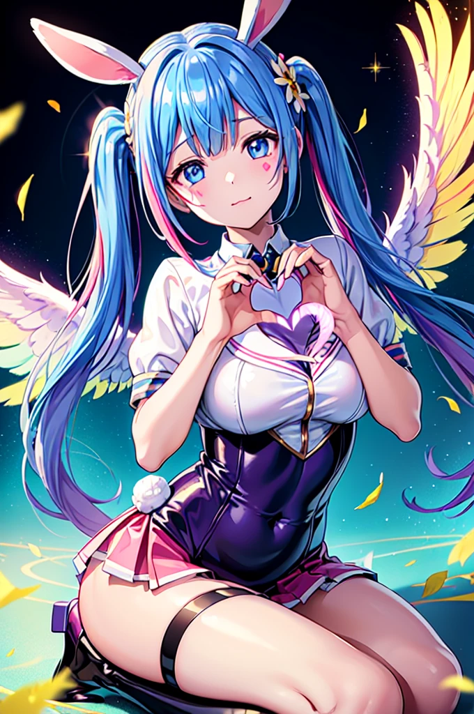 (multicoloured latex school uniform girl)、sexypose、very long twintails、Blue hair、((angel wings、Rabbit ears))、(((heart mark)))、(Golden decoration)、((Flower Embellishment))、Blue eyes、Sit up、floating flower petals、((Glitter、Light Trail、Bokeh))