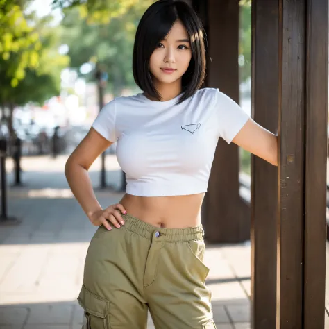 Professional, realistic, High level of detail, Full body photo of 18 years old woman, korean, Tight cargo pants, (white crop top...