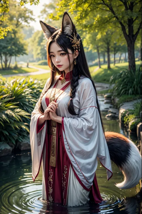 The Fox Godess, Beautyful, Silk,Clouds,Fox Tail, Mikko Outfit, Forest,Pond,( bokeh )