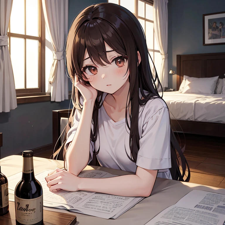 color anime illustration, masterpiece, best quality, highres, ultra detailed, ultra detailed background, high contrast, young woman, long hair, brown hair,bed, bedroom, headache, drinking, alcohol, bottle, panicking, pillow, messy hair,