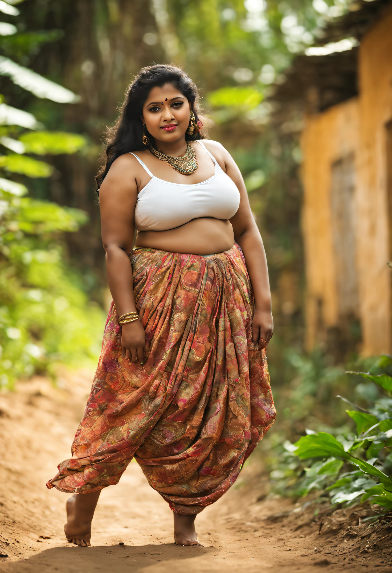 Photo of a kerala village girl, 25 years old,hottest, ((((plus size fashion week outdoor fashion photoshoot))), thunder thigh, kerala ethnic tradional fashion, (((tall body : 2.5))) (((( plus size )))) ((( big busty jut, large breast: 1.9))), clear face, (((show deep navel))), full body, glamourous, daylight, r4w photo, masterpiece, ((((Extremely Realistic)))), Realism, Raw photo, Photography, High detailed , photorealistic, shot on sony vanice camera,(((black Skin : 0.8))),Long Legs and Hot Body,aw0k euphoric style
