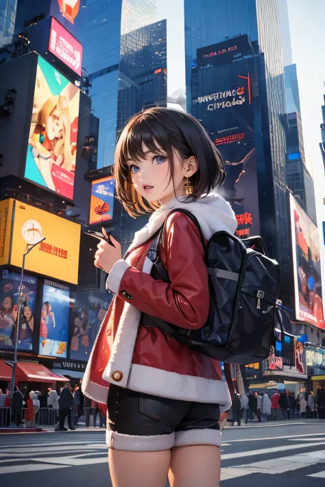 (((in front of the giant digital billboard at Times Square on Christmas day, that giant digital billboard is broadcasting her appearance live. steam vending from the road))), ((winter clothes with Christmas colors)), looking away, angle from below, (droopi...