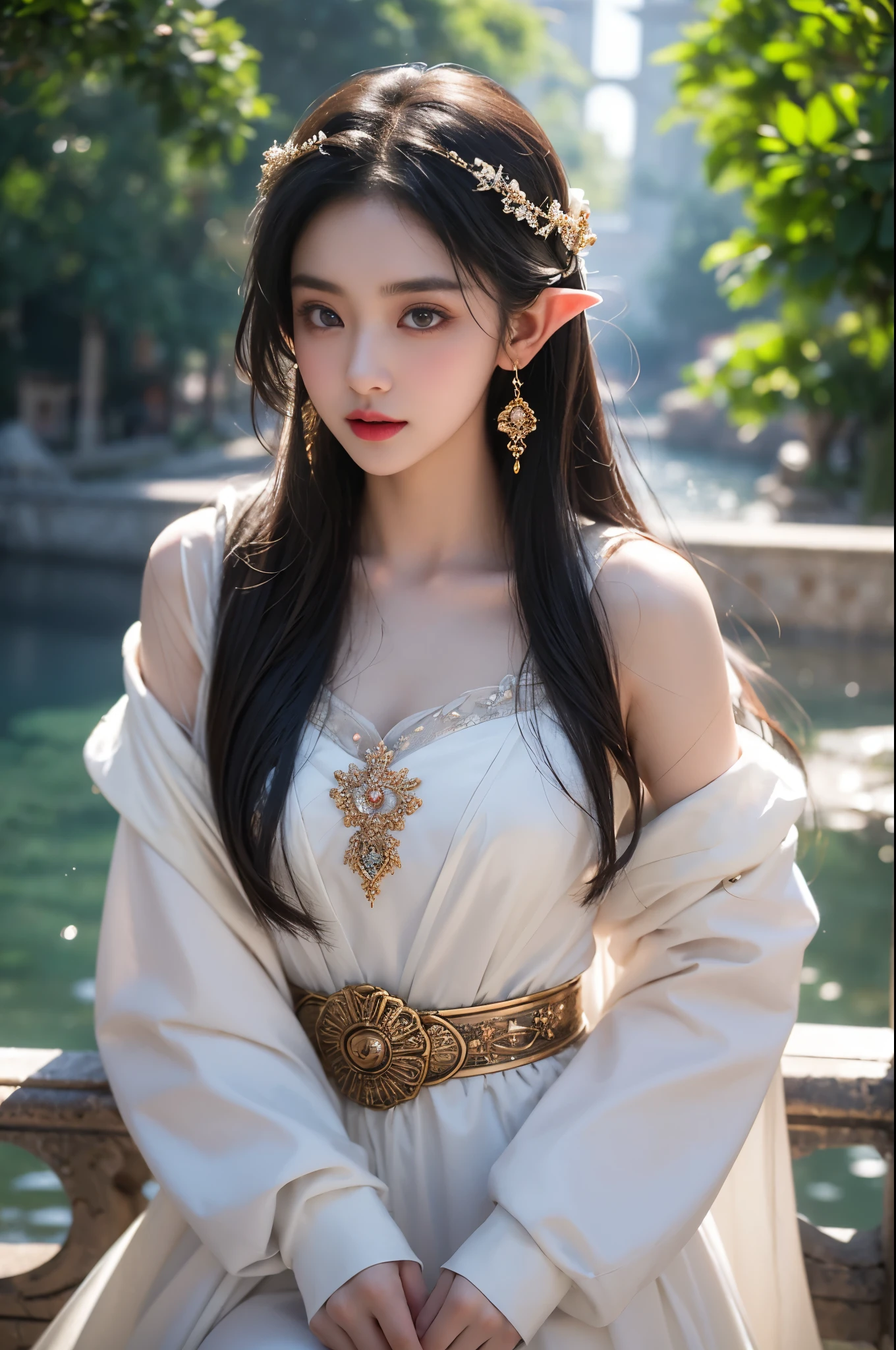 a-woman-in-a-white-dress-sitting-on-a-bench-near-a-body-of-water