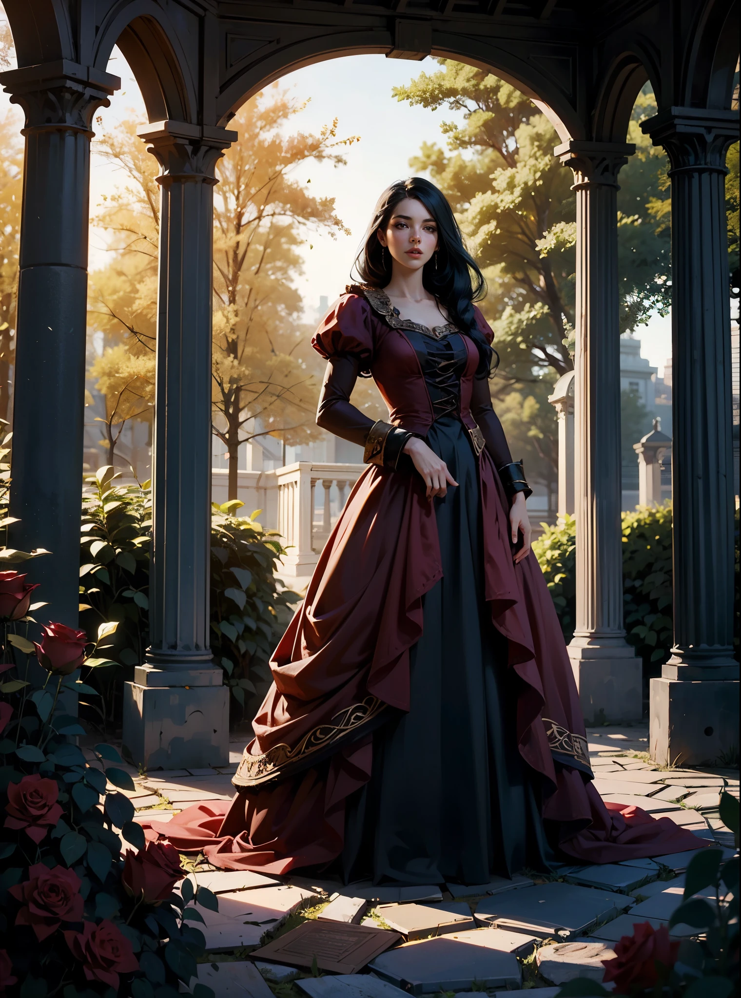 fantasy, Rose bushes, Roses everywhere, light, Forest, ruined gazebo, German appearance, 2 girl with long black hair, in a red dress of the 16th century, looks like Adelaide Kane. HD