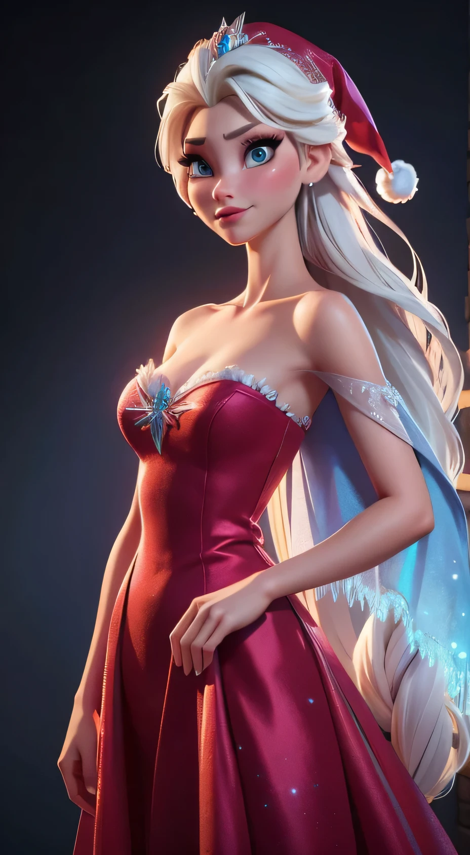 Generate an realistic image of Elsa from Frozen, real character Frozen elsa, dressed in modern fashion for a New Year's . HDR 8K texture dress, visual render Elsa, Elsa should be wearing a red, delicate long dress , along with a New Year's santa hat. The dress should be stylish and suitable for a princess. New Year's dress with real feathers and tassels