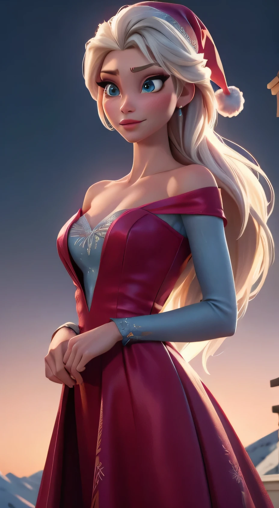 สร้างภาพเอลซ่าจากเรื่อง Frozen ที่สมจริง, ตัวละครจริง โฟรเซ่น เอลซ่า, แต่งกายด้วยแฟชั่นทันสมัยรับปีใหม่ . ชุดพื้นผิว HDR 8K, การเรนเดอร์ภาพ Elsa, เอลซ่าควรสวมชุดสีแดง, ชุดเดรสยาวที่ละเอียดอ่อน , พร้อมกับหมวกซานต้าปีใหม่. การแต่งกายควรมีสไตล์และเหมาะสมกับเจ้าหญิง. ชุดปีใหม่ด้วยขนนกและพู่จริง