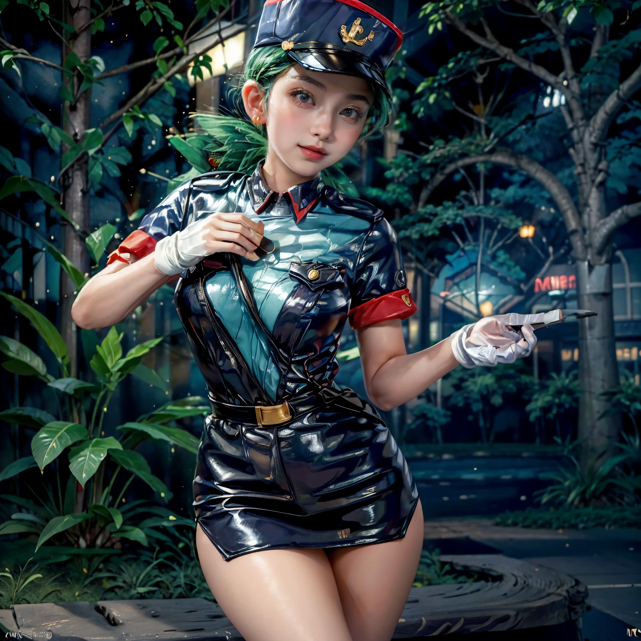 a girl, Officer Jenny((pokemon)), 1 girl, pokemon police officer uniform, wearing cap, green long hair, earing white gloves, photorealistic photo, perfectly lit environment, best shot, UHD, retina, ccurate, masterpiece, anatomically correct, textured skin, high details, super detail, high quality, award winning, highres, best quality, 1080P, HD, cute looking, cute smile, beautiful, 1 girl, tight clothes, sexy, curves.