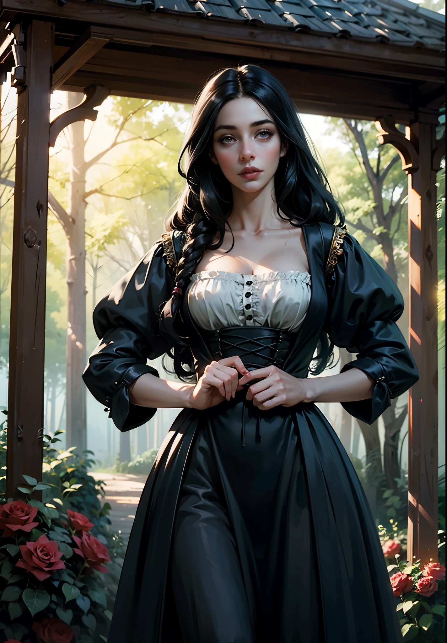 fantasy, Rose bushes, Roses everywhere, light, Forest, ruined gazebo, German appearance, a 2 girl with long black hair, in a peasant dress of the 16th century, looks like Adelaide Kane. HD