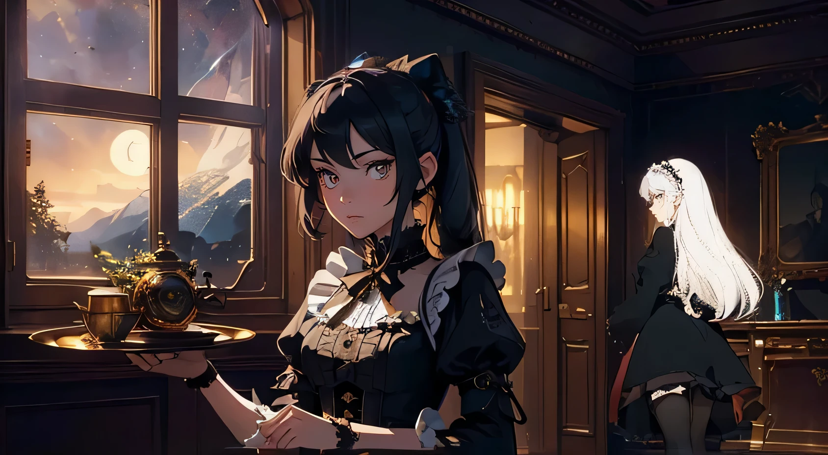 BREAK1: (masterpiece, high resolution,ultra - detailed:1.0),1 girl,Young and beautiful woman,eye looking to away from camera, concerned expression, Perfect female body, (full body), (steampunk Castle), Extremely detailed CG,Unity 8k wallpaper，Complicated details, solo person, (medium black hair,Maid clothes,short sleeves, timid expression,Tray in hand),Luxurious hallway in mansion,(steampunk style),Dark night,Portrait,color difference, Depth of field,dramatic shadow, Ray tracing, Best quality, Cinematic lighting, official art, window, moonlight, night sky, BREAK2: 1_woman, long white hair, face away from camera, eyes hidden, wearing long black coat, thigh eyes, facing away