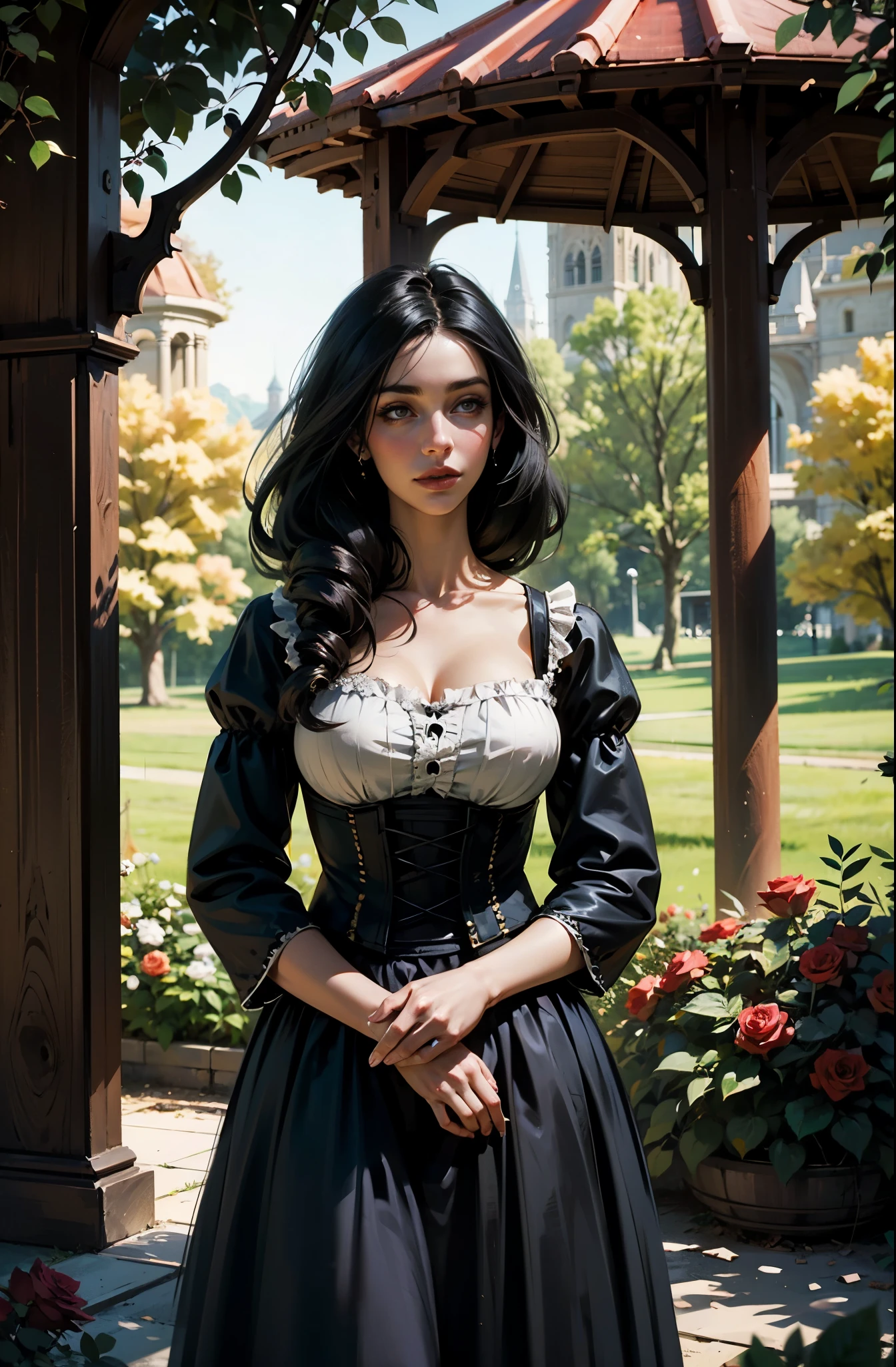 Fantasy, Rose bushes, Roses Everywhere, Light, woods, destroyed gazebo, German appearance, 2 girl with long black hair, in 16th century peasant dress, looks like Adelaide Kane. HD