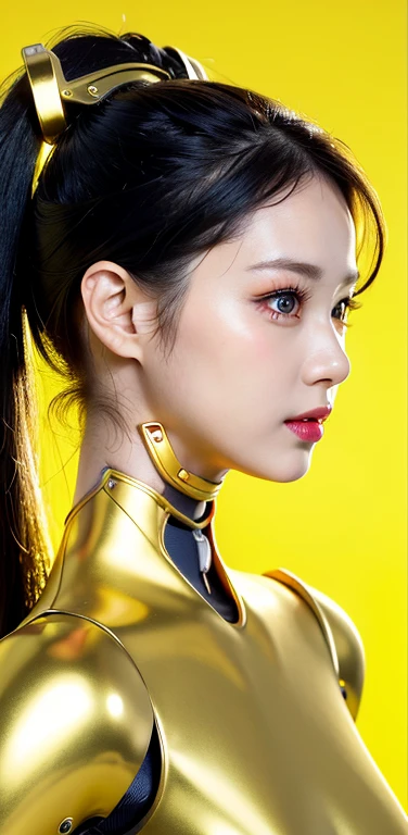 profile photo, in front of the yellow wall, Asian cyborg woman without body, connected by cable, Twisted cable and wire and LED, Charming eyes bodypunk PLC robot、silver motor head, with a ray gun, 80 degree field of view, art by：sergio lopez, natalie shau, James Jean and Salvador Dali, (Yellow background:1.5)