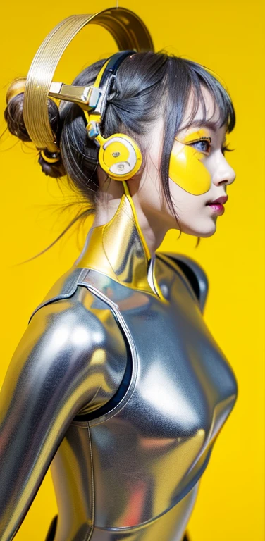 profile photo, in front of the yellow wall, Asian cyborg woman without body, connected by cable, Twisted cable and wire and LED, Charming eyes bodypunk PLC robot、silver motor head, with a ray gun, 80 degree field of view, art by：sergio lopez, natalie shau, James Jean and Salvador Dali, (Yellow background:1.5)