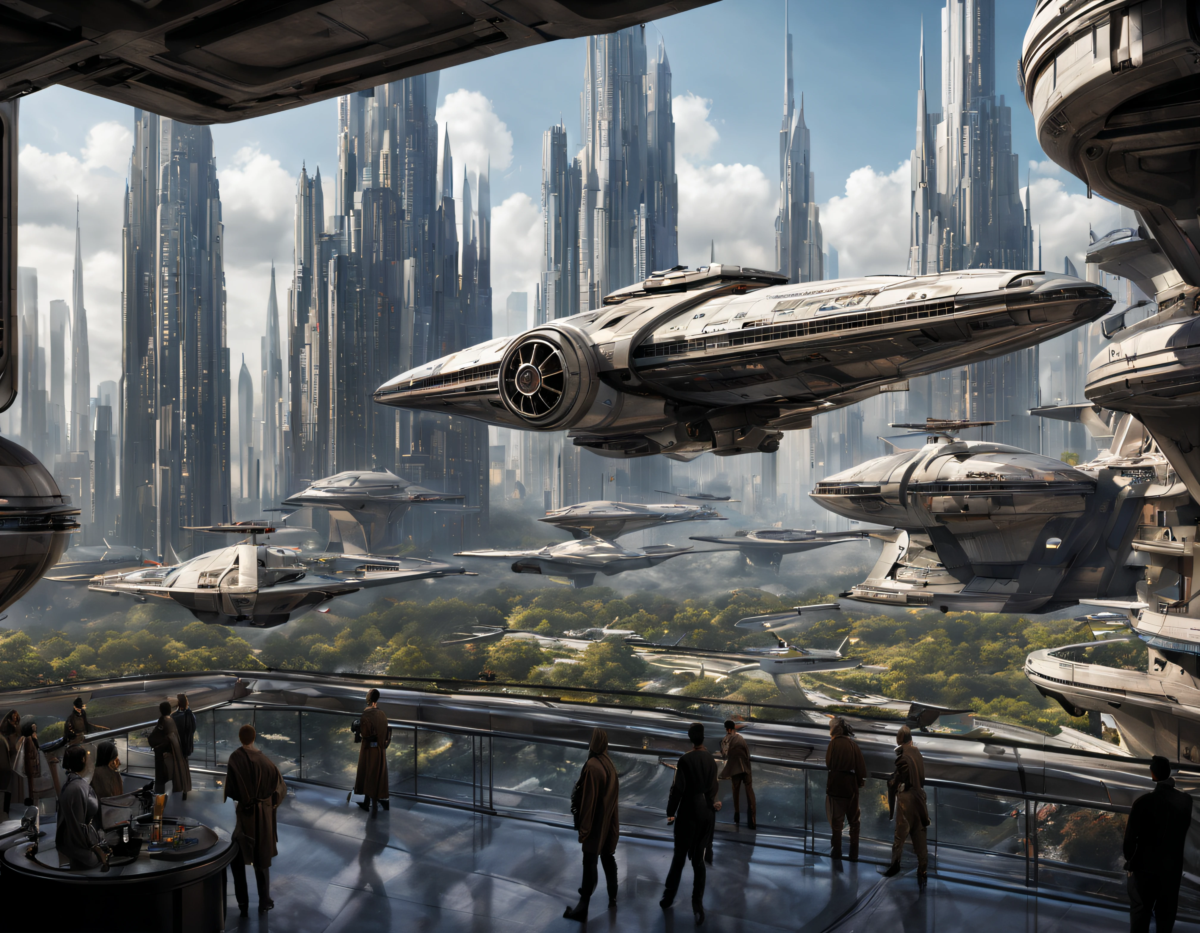 desde una terraza de la ciudad de coruscant de star wars, con sus inmensos edificios futuristas, divisandose el aeropuerto de coruscant, con una inmensa nave alargada posada, (Design by Doug Chiang), edificios del fondo nitidos y bien definidos, intrincados detalles de la maquina de la mas alta calidad, estilo cinematografico, nitidez absoluta, imagen 8k. (obra maestra de superior calidad).