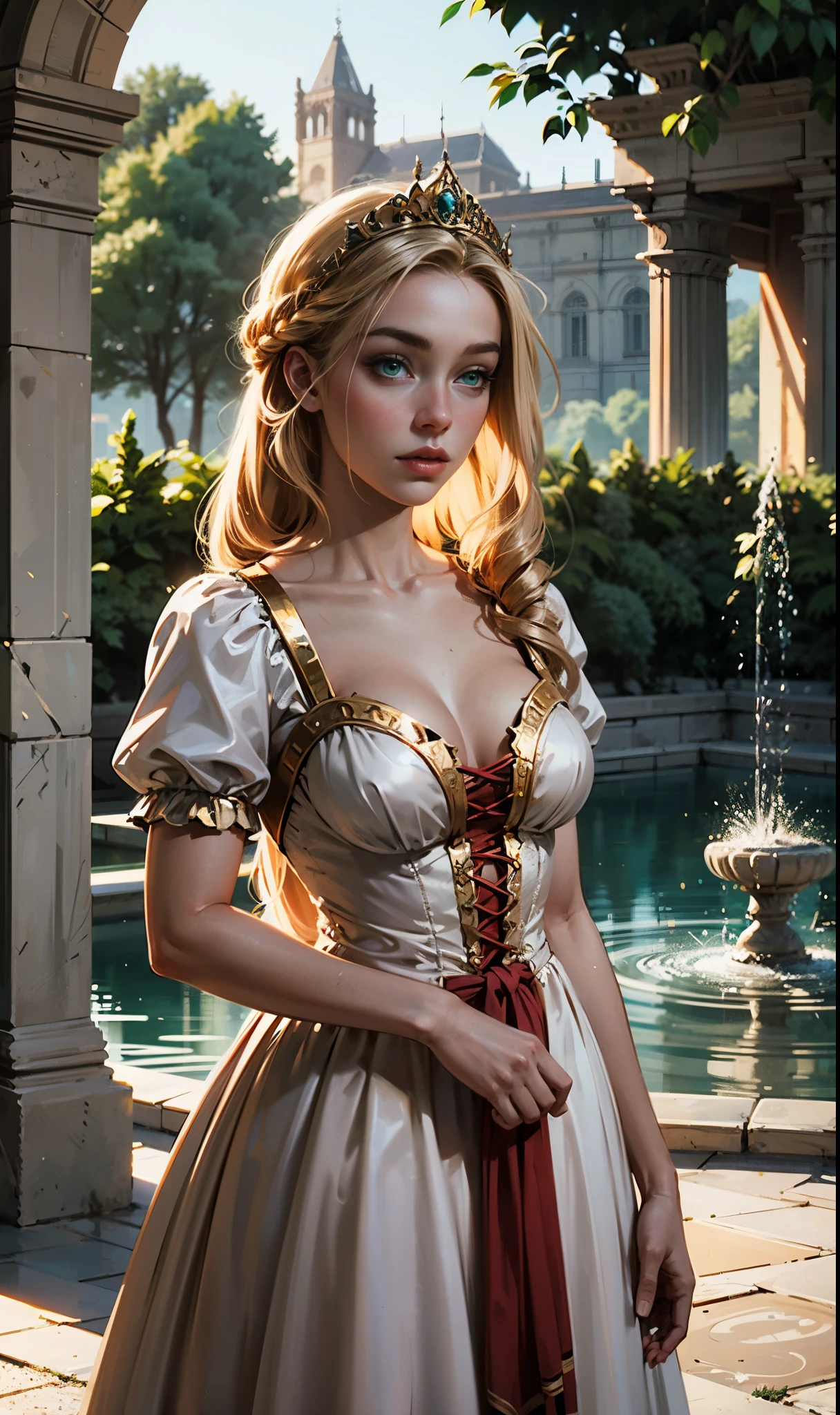 Fantasy, Palace Gardens, Fountains, German appearance, rapunzel, Girl 2, with long golden hair, in a light pink 16th century princess dress., Green eyes, expressive breasts, face looks like Florence Pugh. HD