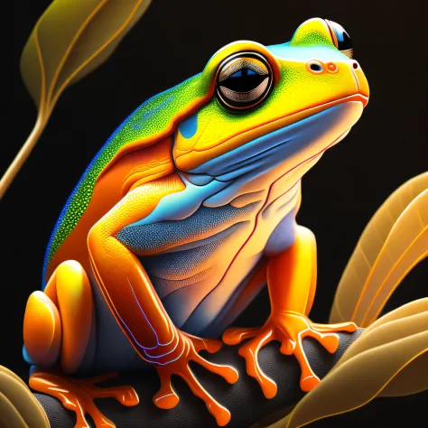 intricate and colorful, (digital painting:1.2) orange tree frog, bright neon skin, wet, portrait, concept art, octane render, tr...