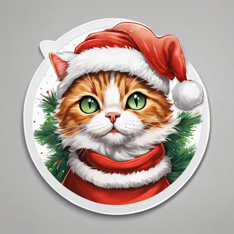 (One sticker,),(A cat wearing a Santa hat),Fine fur texture,vivd colour,Ultra-fine painting,Precise brushstrokes on fur.(In circles), (Christmas background), (white border frame)，, ultra - detailed, Detailed illustration, vectorized, 8K, 专业One sticker设计, Graphic design, vector lines, One sticker, Full-HD