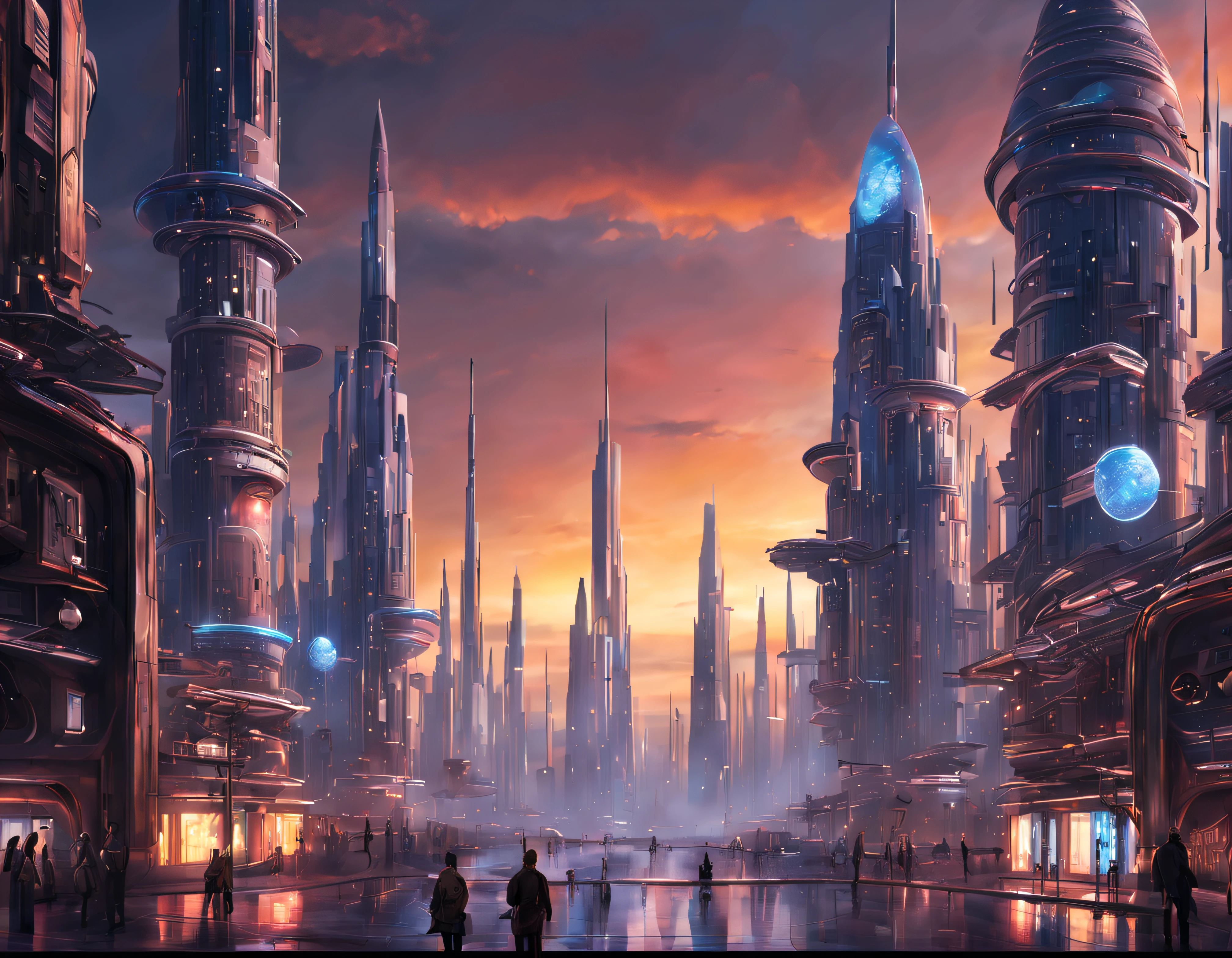 (Die Stadt Coruscant aus Star Wars, entworfen von Doug Chiang), futuristische Fantasiestadt mit riesigen Gebäuden im technologischen Design (die eine unendliche Allee bilden), Unscharfe Kompaktorgebäude mit metallischem Aussehen, Lichter in Fenstern in Gebäuden, Tagesbeleuchtung mit Sonne, mit spektakulären Glasstrukturen, (mit leuchtenden Farben). sonniger Bürgersteig (langweilig). Menschen gehen. gut definiertes Bild mit vielen Gebäuden zusammen. Scharfes, gut definiertes 8K-Bild. Die Gebäude ragen weit in den Hintergrund.,8k. kinematografisches Bild. ((Meisterwerk von höchster Qualität)). (3D-Rendering).