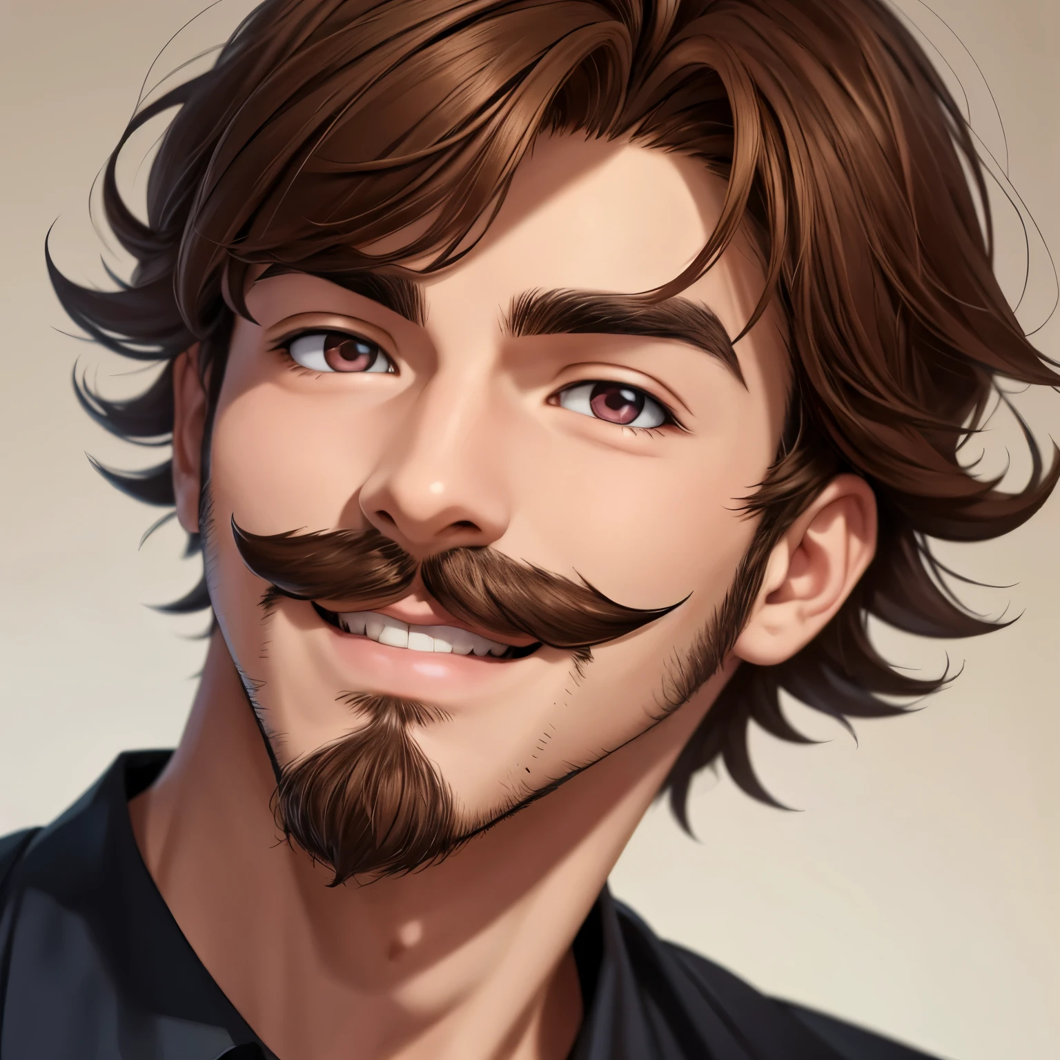 Anime male with nice brown hair and soft lovely eyes. He has a mustache and a goatee. He has pink lips and is smiling and enough to see his teeth.