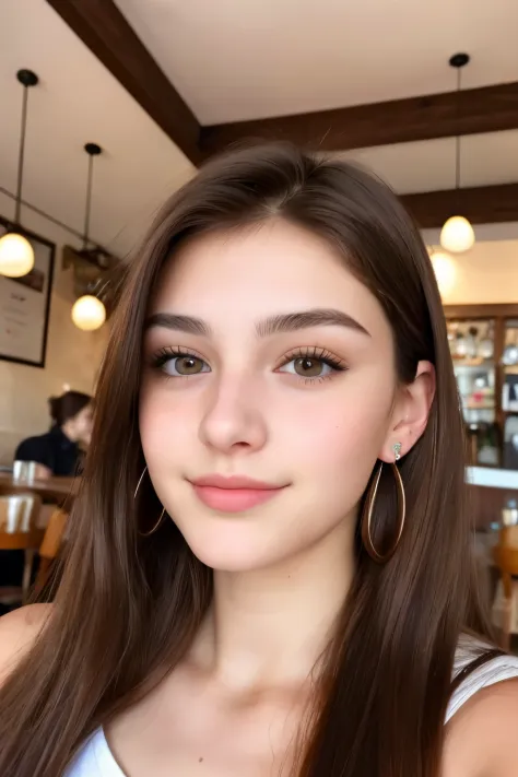 Photo of a 20 year old brunette woman, that has a very natural face, thin lips, thin eyes, thin eyebrows, thin nose, earrings, long eyelashes. She makes a cute selfie in a cafe