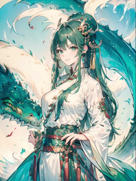（high-detail）Women in Their 20s、green colored hair、Longhaire、Green eyes、Dragon horn、golden hair ornaments、White china clothes、jumpping、Smile、Chinese clouds in the background