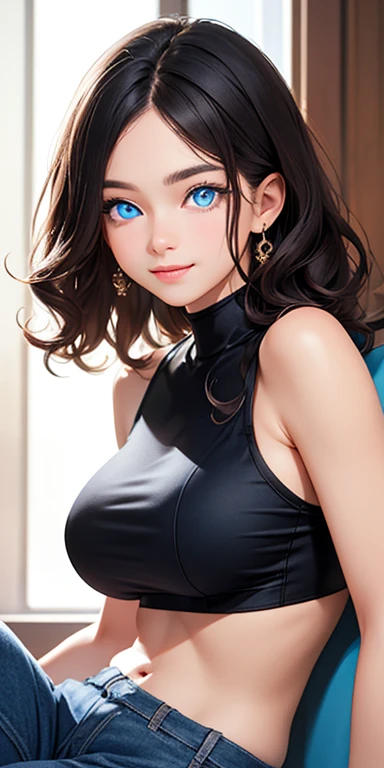 baby face, short black hair,messy hair,wavy hair, (photorealistic:1.4), (masterpiece, sidelights, exquisite beautiful eyes: 1.5), masterpiece*portrait, realistic, 3D face,kawaii face,front view: 1.5、 (glowing blue eyes:1.2),(tareme:1.5)、light smile,Rosy Mouth,Slim Body, shiny hair, shiny skin: 1.5、large breasts:1.3,solo,(sit)、(cutout between underboob and crop top)、(charactor focus:1.5、portrait)、upper body,