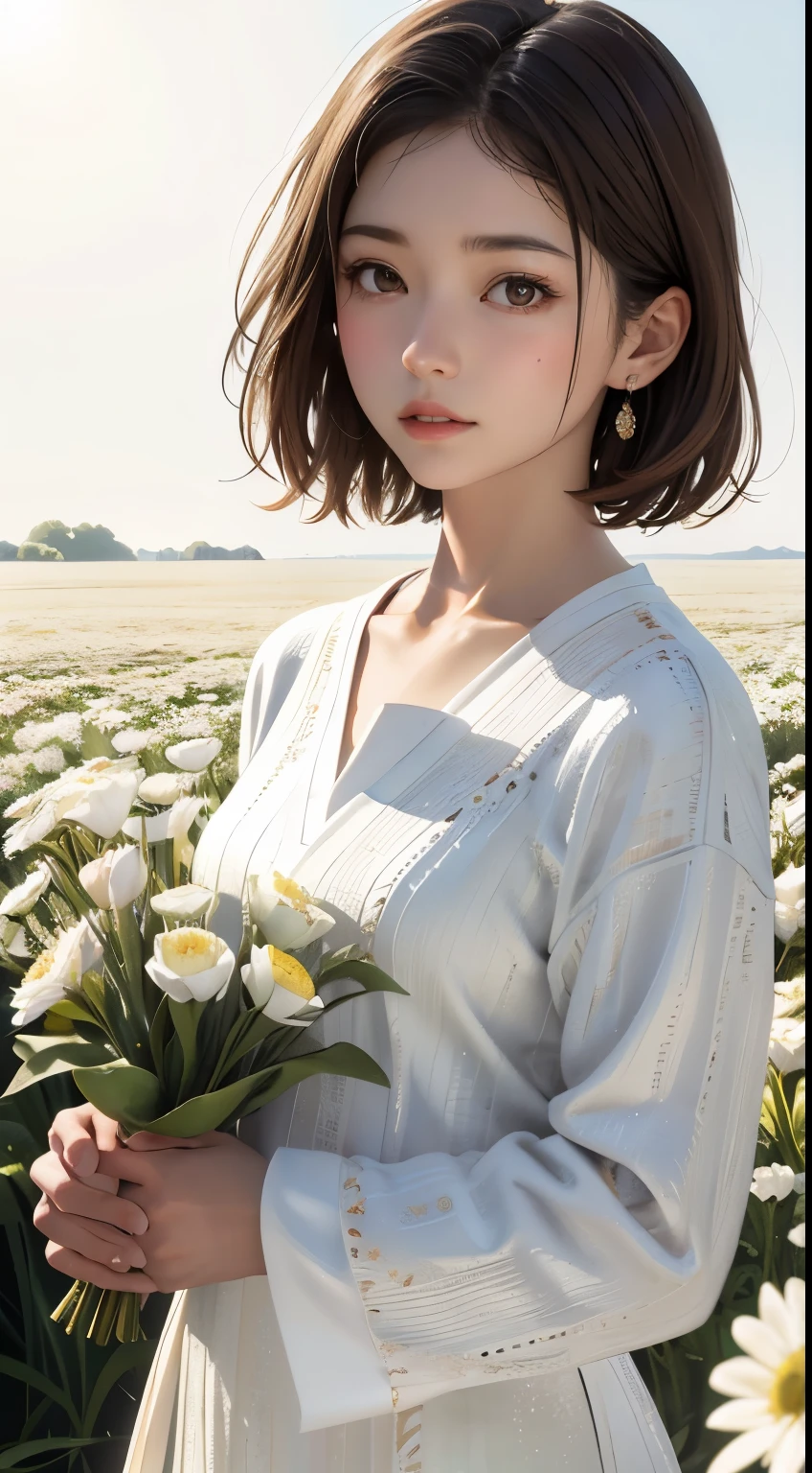 Photorealistic, High resolution, Soft light,1womanl, １６years old、、Japanese、Solo, hips up high, glistning skin, (Detailed face),Jewelry, Brown hair, short-cut、white dress flower field,(Dynamic Angle:1.1),Vivid,Soft and warm color palette, Delicate brushwork, Targeted use of light and shadow, Wide Shot,The deliciousness of wilted flowers,High contrast,Color contrast,masuter piece:1.3、