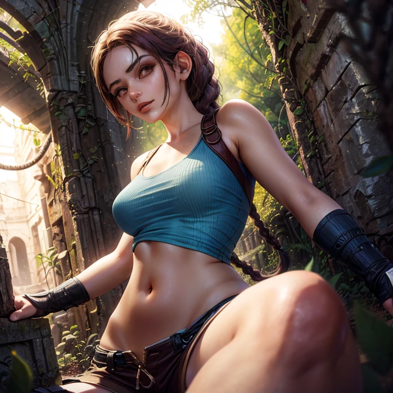 Classic Lara Croft | loca Egypt Tomb Hunter (v1.0) Lara Croft, single braid, (blue cropped blouse:1.2), (shorts marrom:1.2), gloves fingerless, (coldre:1.2), erotic expression, Sexy Eyes, medium breasts, ((well-embossed nipples )) (erotic posing:1.2), sorrido, fluffly, Looking at Viewer, long  hair, (breast focus: 1.2), (natural skin texture, hiper-真实感o), (photorrealistic:1.4), (from top to bottom:1.2), (fully body: 1.5), (fullshot: 1.2), (真实感), (master part: 1.2), (best quality), (ultra detaild), (8K, 4K, intrikate), (85 millimeters), light particles, The lighting, (highy detailed: 1.2), (face detailed: 1.2), (gradients), brightly coloured, (detailedeyes: 1.2), (detailed desert: 1.2), ( byDetailed background), (Dynamic angle: 1.2), (dynamic pose:1.2), (third composition rule: 1.3), (action line: 1.2), wide wide shot, Day Light, standing alone.((( Breasts with relief on the nipples underneath the blouse, pointy breasts )))