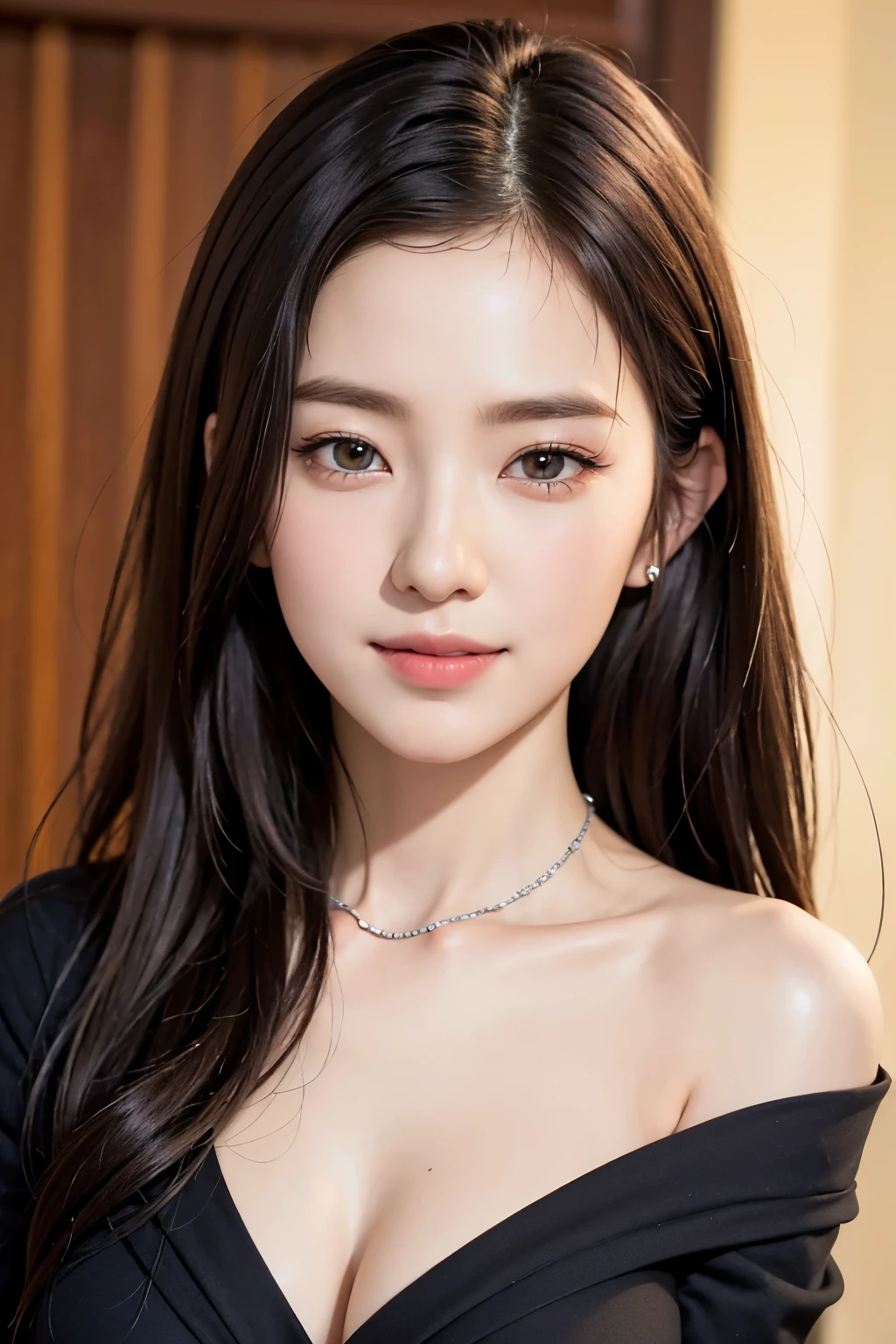 extremely detailed eye, extra detailed face, Best Quality ,masutepiece, Extremely detailed, Ultra-detailed, (Realistic, Photorealsitic:1.3), Smile, (facing front), Looking at Viewer, Black shirt, 1girl in , Long body、skinny body shape、big breasts thin waist、in a office、cleavage of the breast、Slim Faces、Slim jaw、