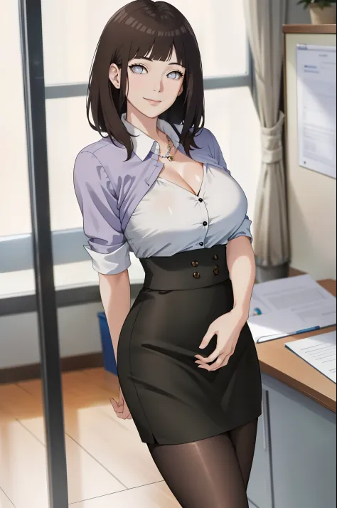 ((Masterpiece, Excellent)), (1girl), ((MILF)), Brunette Hair, ((Office Lady)), Bangs, Bursting Titusty), Slim, Smile, [Wide Buttocks], Office, Standing, Thin Waist, Tight Skirt, Stockings, Cleavage,