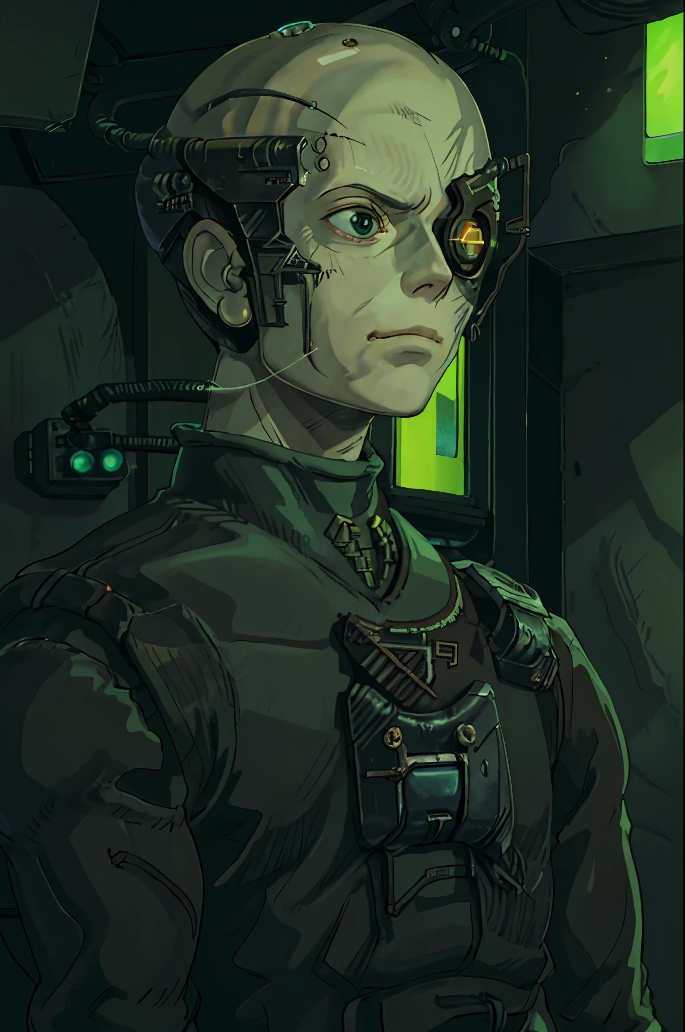 Ghibli-Stil, Borg, Cyborg, kahl, graue Haut, Adern, Metallrüstung, Kabel, Augenklappe, in einem Raum mit grellgrünen Neonlichtern und Nischen, strahlenden Lichtern, ausdrucksloser Gesichtsausdruck, Borg-Würfel