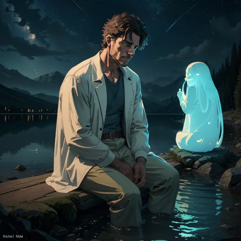 HD 8k detailed  sad man sitting on the shore of a lake with a women ghost next to him, a night full of stars