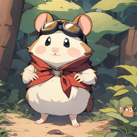 ((boy hamster, chubby, goggles on forehead, animal solo, hamster focus, full body)), cute, cool, red neckerchief, adventurer, best_quality, design, hires, highly detailed