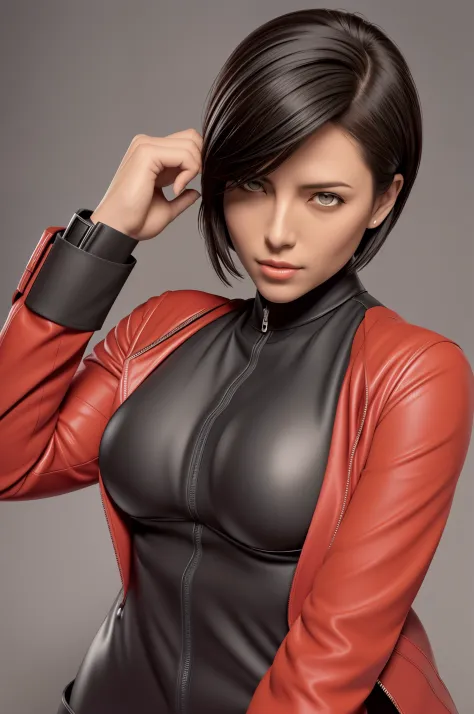 resident evil 6,ada,ada・ウォン,a dark-haired,short-hair,ultra-quality,photorealsitic,a red jacket,black leather pants,an ultra-high...