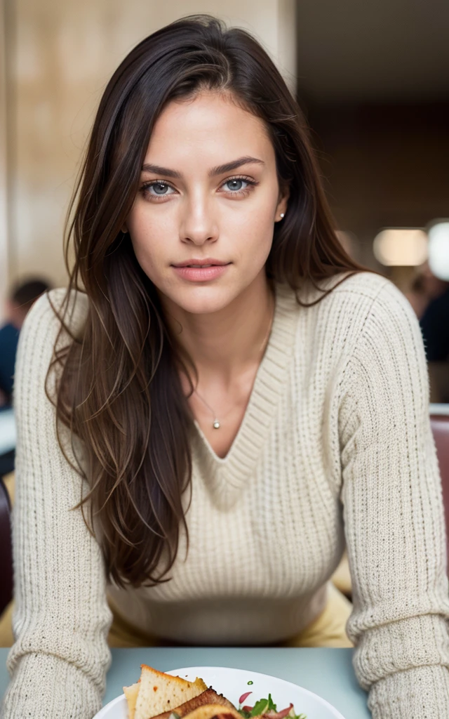 beautiful brunette wearing beige sweater (having lunch inside a modern restaurant), very detailed, 40 years, innocent face, long hair, natural wavy, blue eyes, high resolution, masterpiece, best quality, intricate details, highly detailed, sharp focus, detailed skin, realistic skin texture, texture, detailed eyes, professional, 4k, charming smile, shot on Canon, 85mm, shallow depth of field, kodak vision color,  perfect fit body, extremely detailed, foto_\(ultra\), photorealistic, realistic, post-processing, maximum detail, roughness, real life, ultra realistic, photorealism, photography, 8k uhd, photography