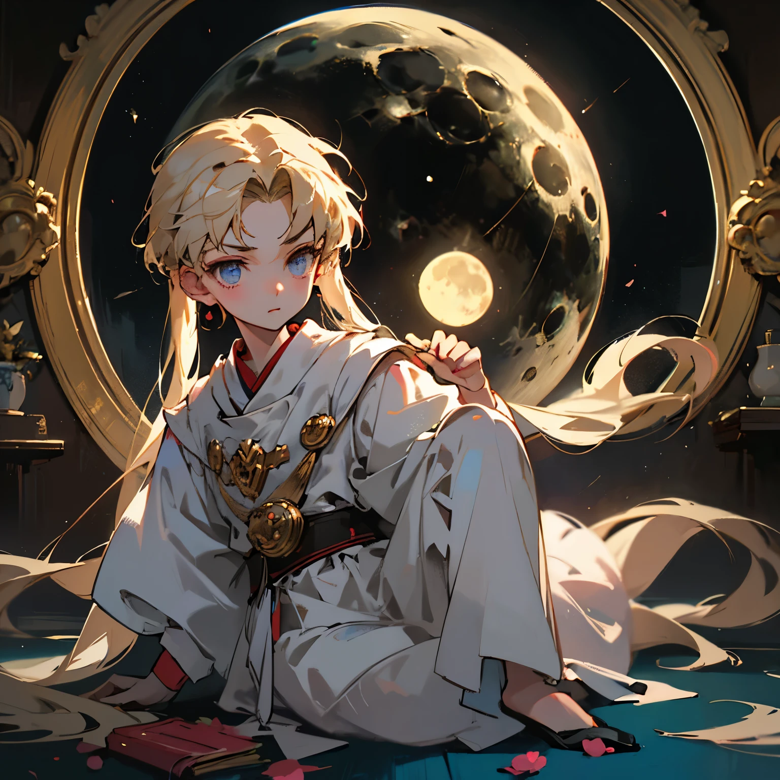 ( hoang lap, high qulity, ultra - detailed, tmasterpiece, concept-art,, Very detailed art品, hyperrealistic painting ) , Libido boy,Little Shota, themoon, Handsome, full bodyesbian, Romantic, vividness, dream-like, fanciful, themoonLibido boy, Eau, Very detailed art，themoon，themoon配饰，star clothing