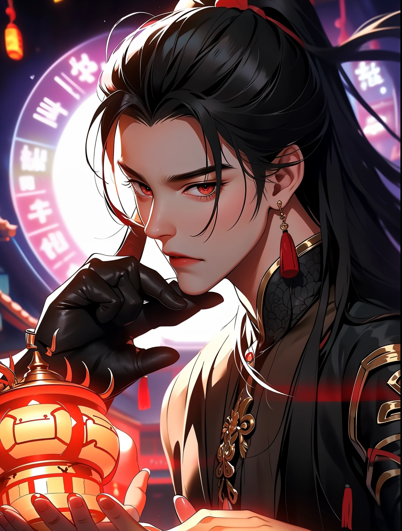 xianxia, 1 boy, malefocus, Alone, black hair color hair, red eyes, Japanese clothes, lightning effects, looking at viewert, Common, upper part of body, Keep one's mouth shut, black Common, Serious, magia, Long gray hair