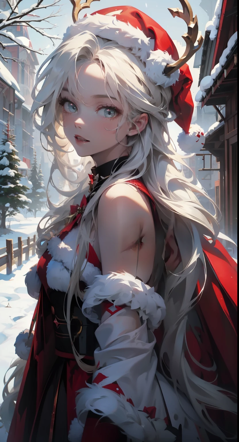 Santa hat，Red is sexy，white color hair，External，in the snow，Reindeer Christmas Girl，is very beautiful，Exquisite and beautiful facial features and，8K分辨率，Studio quality，hyper HD，Super fine detail，Christmas Eve，Oyuki，casa，Christmas tree，designs，巨作，fully body photo，Brilliantly lit，Surreal Photo，long range shotgun body，There is a cabin at the back，In the snow，natta，Superbly detailed eyes